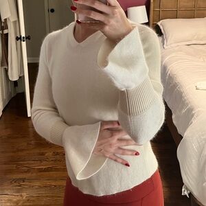 QDA Rabbit Fur Wool Blend Hooded Sweater Bell Cuffs White Cream Soft War…